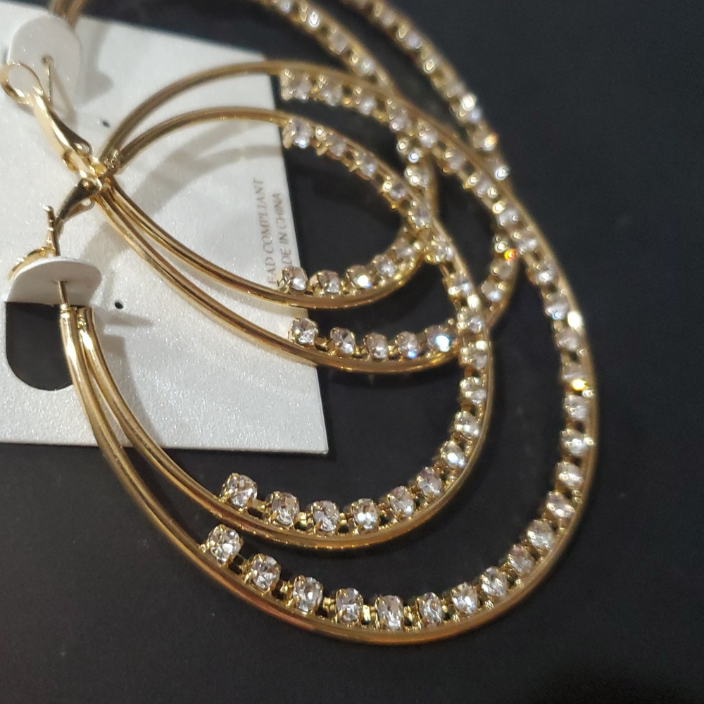 Natasha couture gold tone cz crystal rhinestone studded double hoop earrings new - Picture 4 of 10